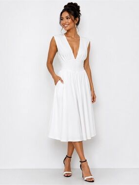 OYS White Sleeveless Deep V-Neck Midi Dress Tie Back Size L New
